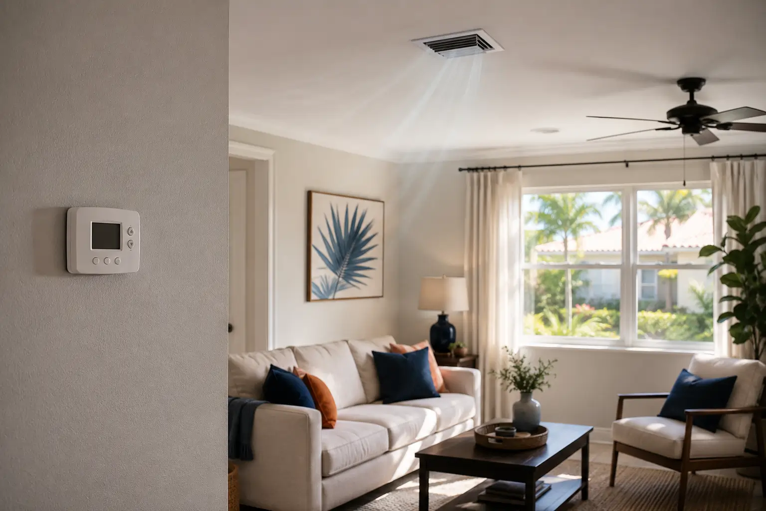 South Florida living room with air conditioning airflow and indoor humidity comfort concerns.