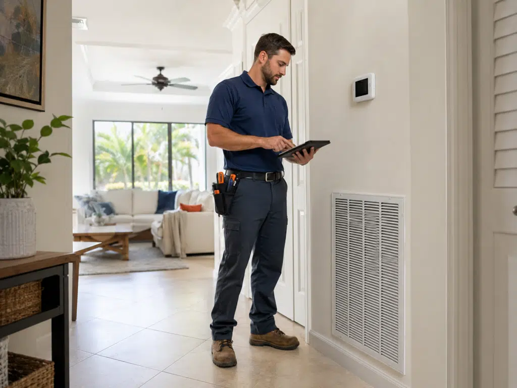 Technician reviewing airflow and thermostat readings inside a South Florida home before AC installation