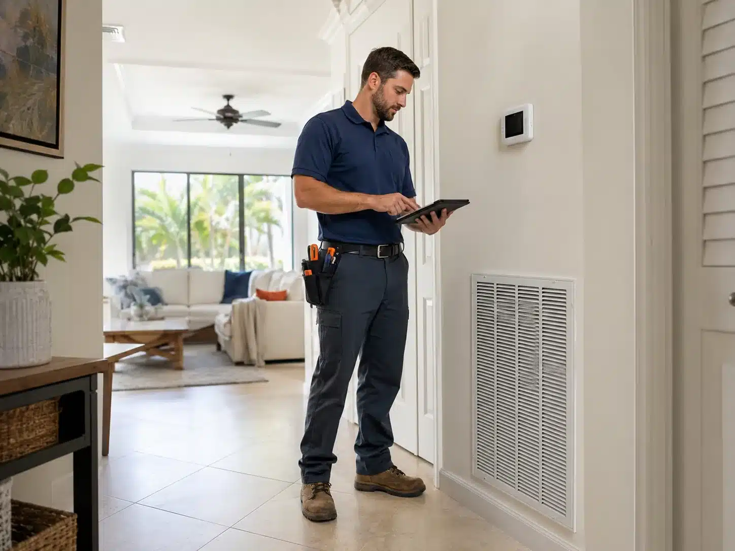 HVAC technician evaluating an outdoor AC unit at a South Florida home before installation