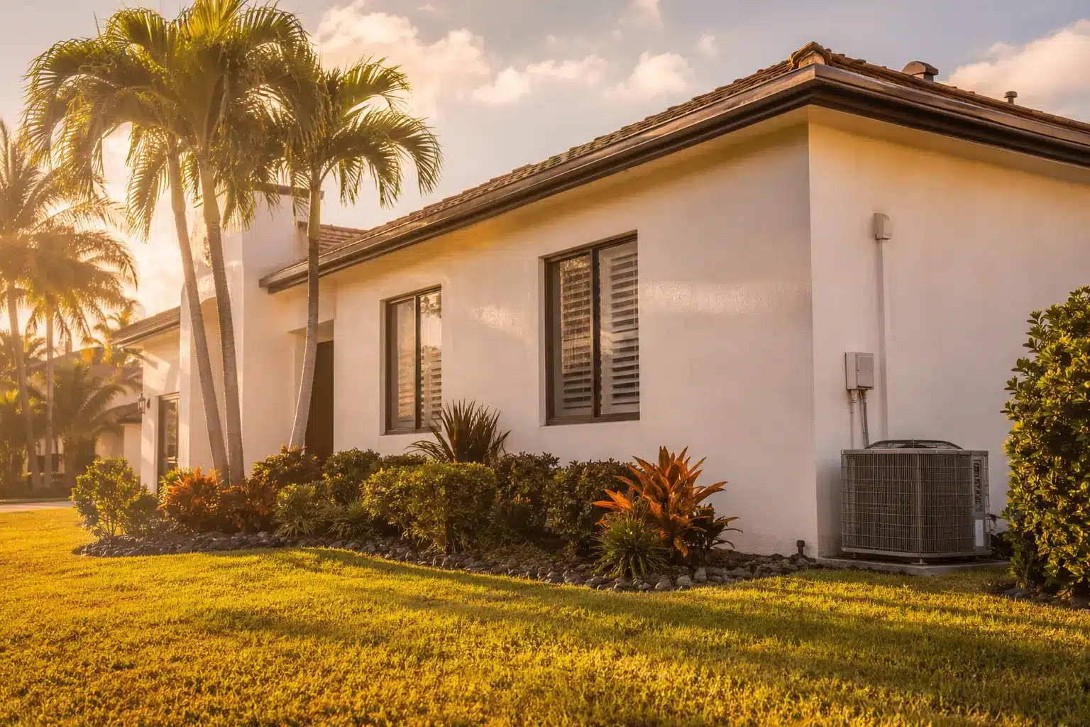 South Florida home exterior in summer heat with an AC unit and warm afternoon sunlight
