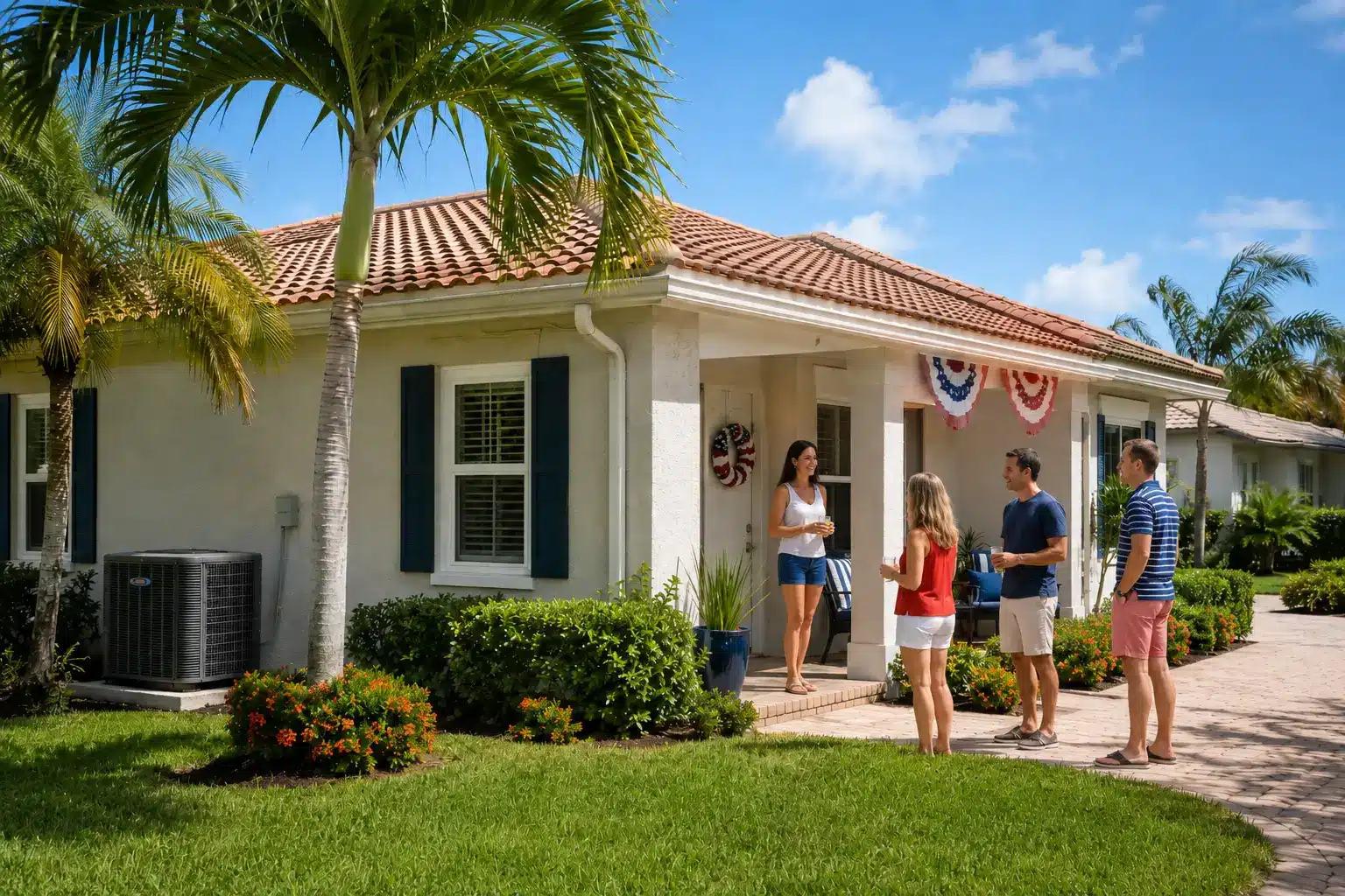 South Florida home decorated for Fourth of July with an outdoor AC unit ready for summer heat