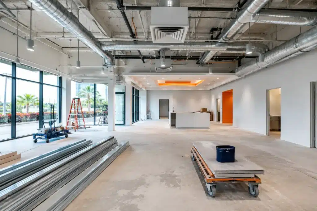 Commercial interior build-out with visible ductwork and HVAC planning details in a bright South Florida space