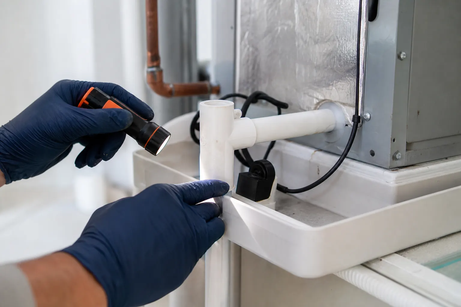 Technician in gloves inspecting a white AC drain line beside an outdoor air conditioning unit.