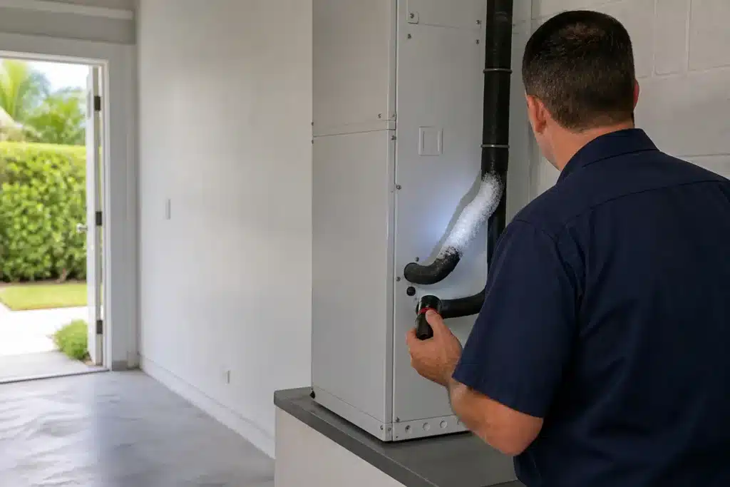 HVAC technician using a flashlight to inspect ice on an AC refrigerant line near an indoor air handler.