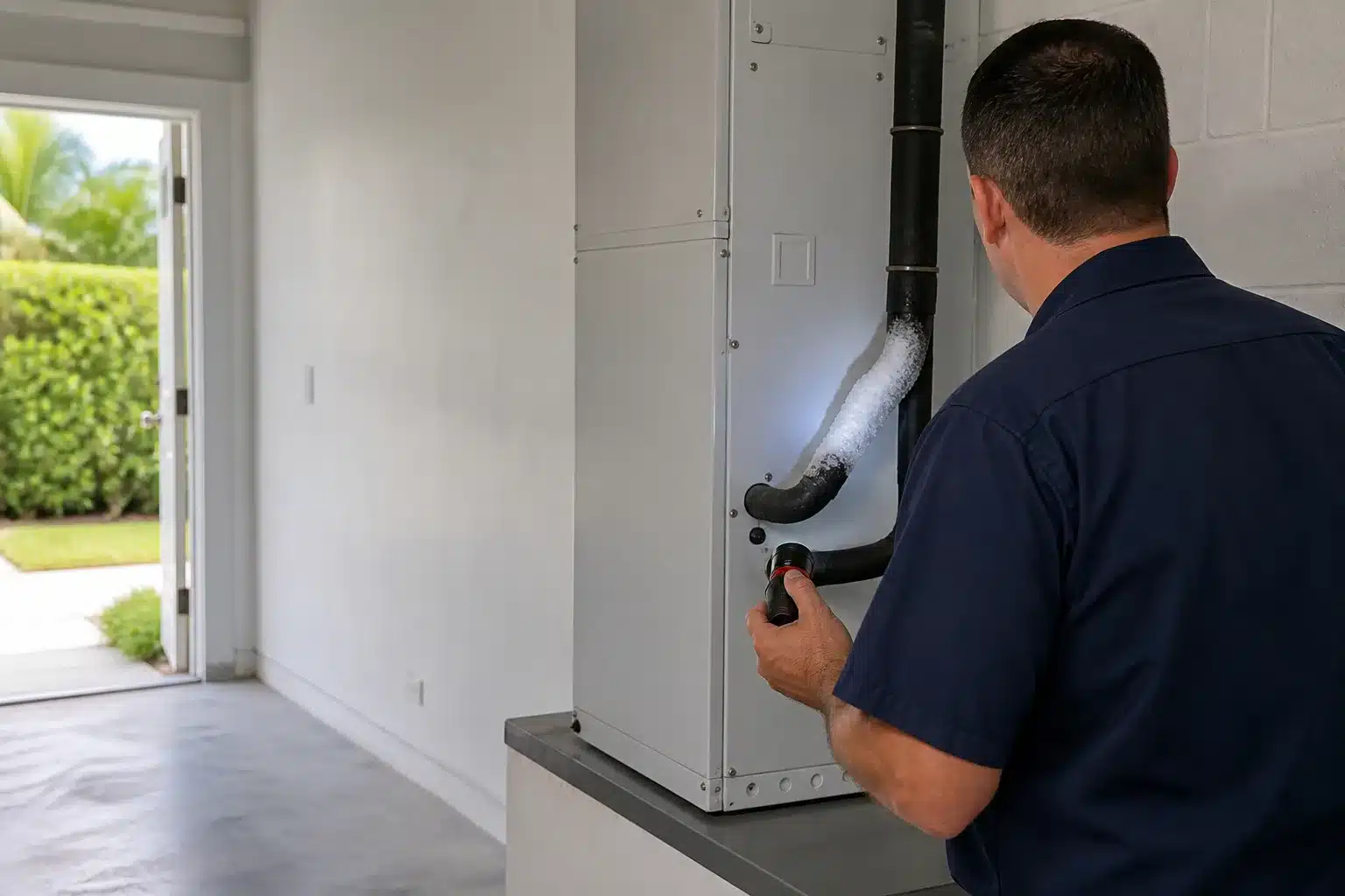 HVAC technician using a flashlight to inspect ice on an AC refrigerant line near an indoor air handler.