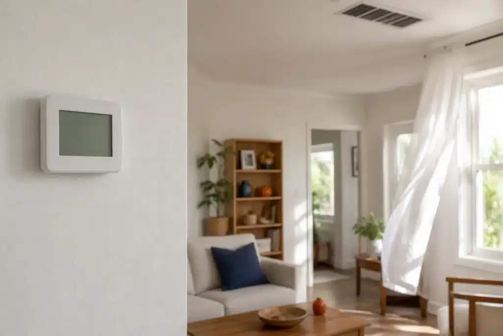 Blank wall thermostat and ceiling air vent in a bright South Florida living room with a curtain moving in the airflow.
