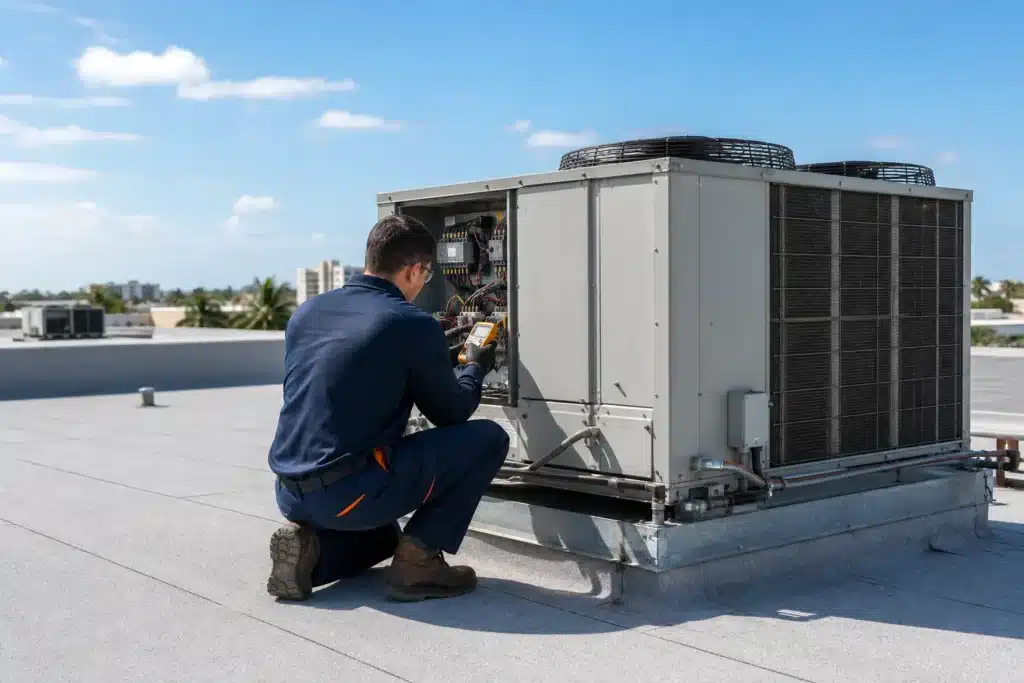 HVAC technician using a diagnostic meter beside a commercial rooftop air-conditioning unit.