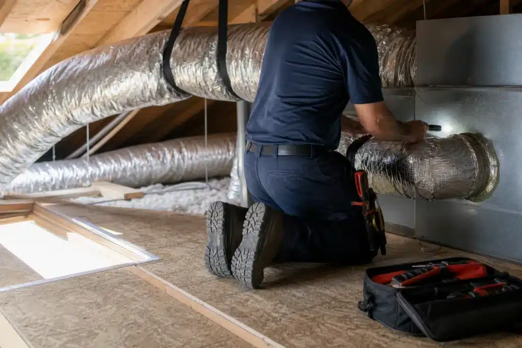 HVAC technician inspecting an insulated duct connection from a safe platform in a residential attic.