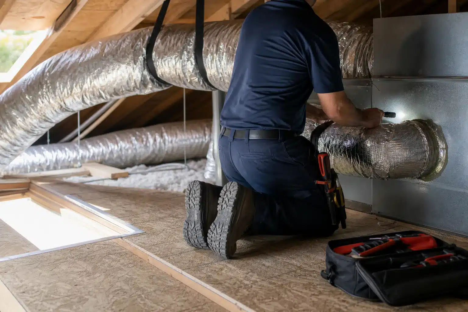 HVAC technician inspecting an insulated duct connection from a safe platform in a residential attic.