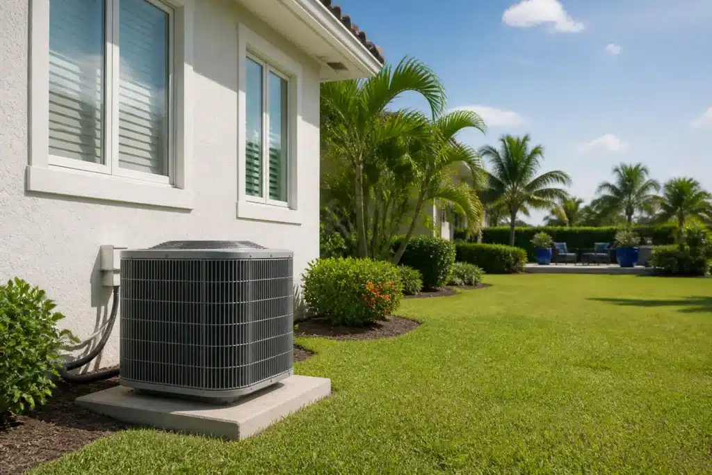 Outdoor AC condenser beside a white stucco South Florida home in bright afternoon sunlight.