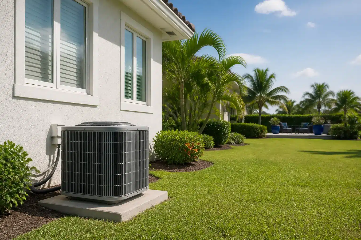Outdoor AC condenser beside a white stucco South Florida home in bright afternoon sunlight.