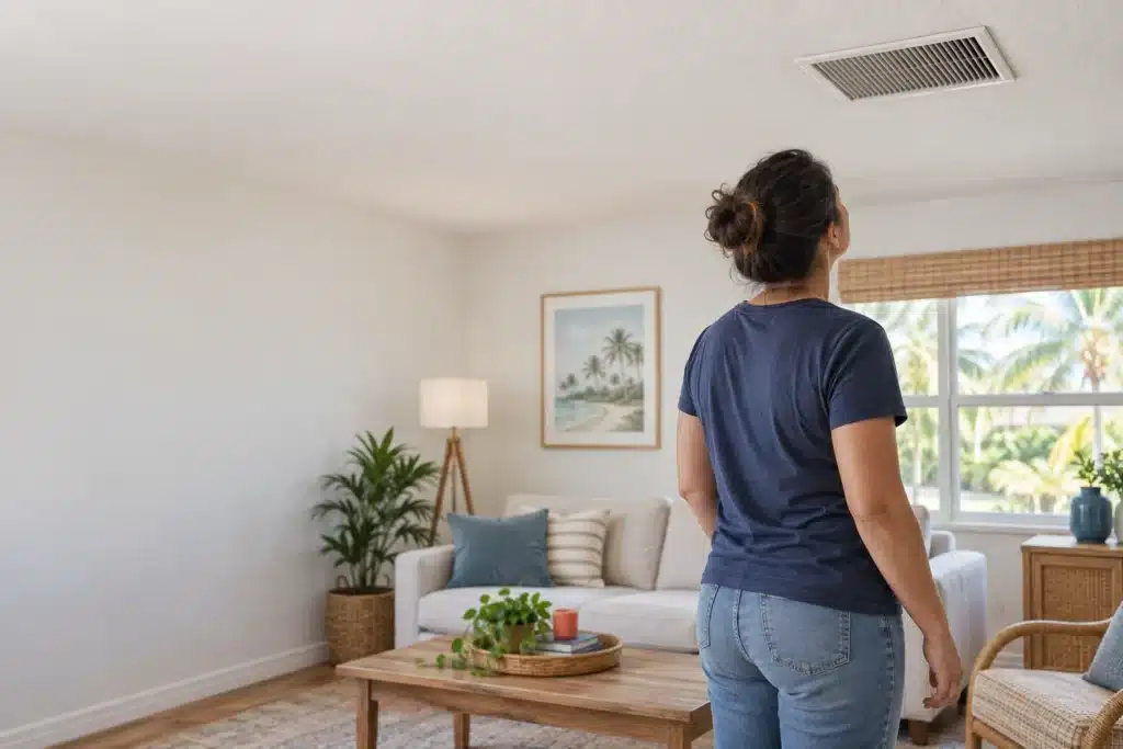 Homeowner listening near a ceiling AC vent in a bright South Florida living room.