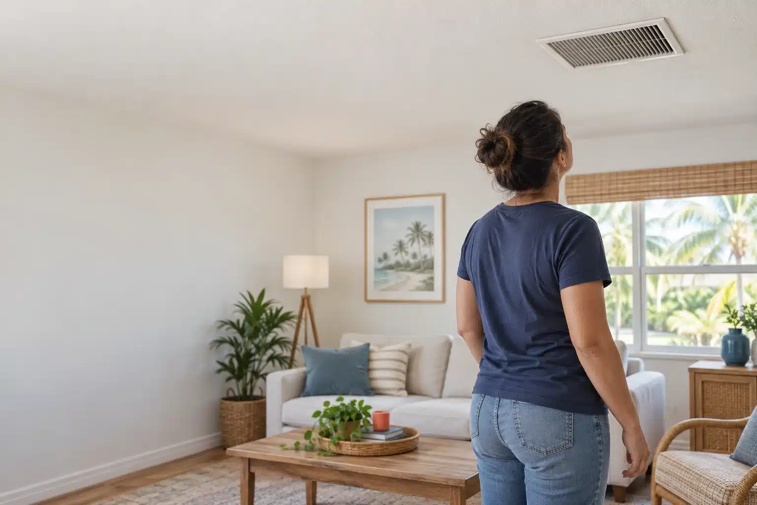 Homeowner listening near a ceiling AC vent in a bright South Florida living room.