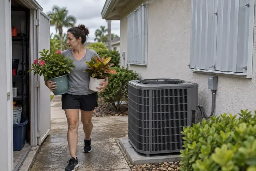 Homeowner carrying potted plants into storage beside an outdoor air conditioner and shuttered house