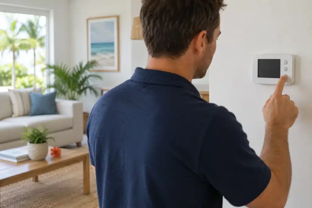 Homeowner checking a blank wall thermostat in a bright South Florida living room.