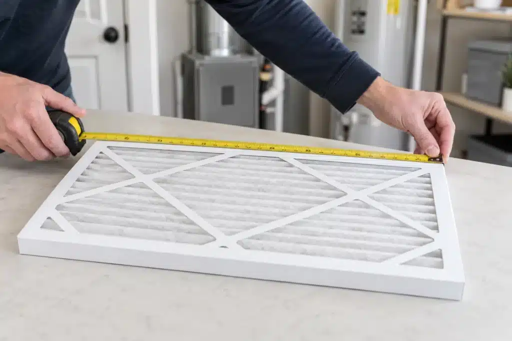 Hands measuring the long edge of a white pleated HVAC filter with a tape measure.
