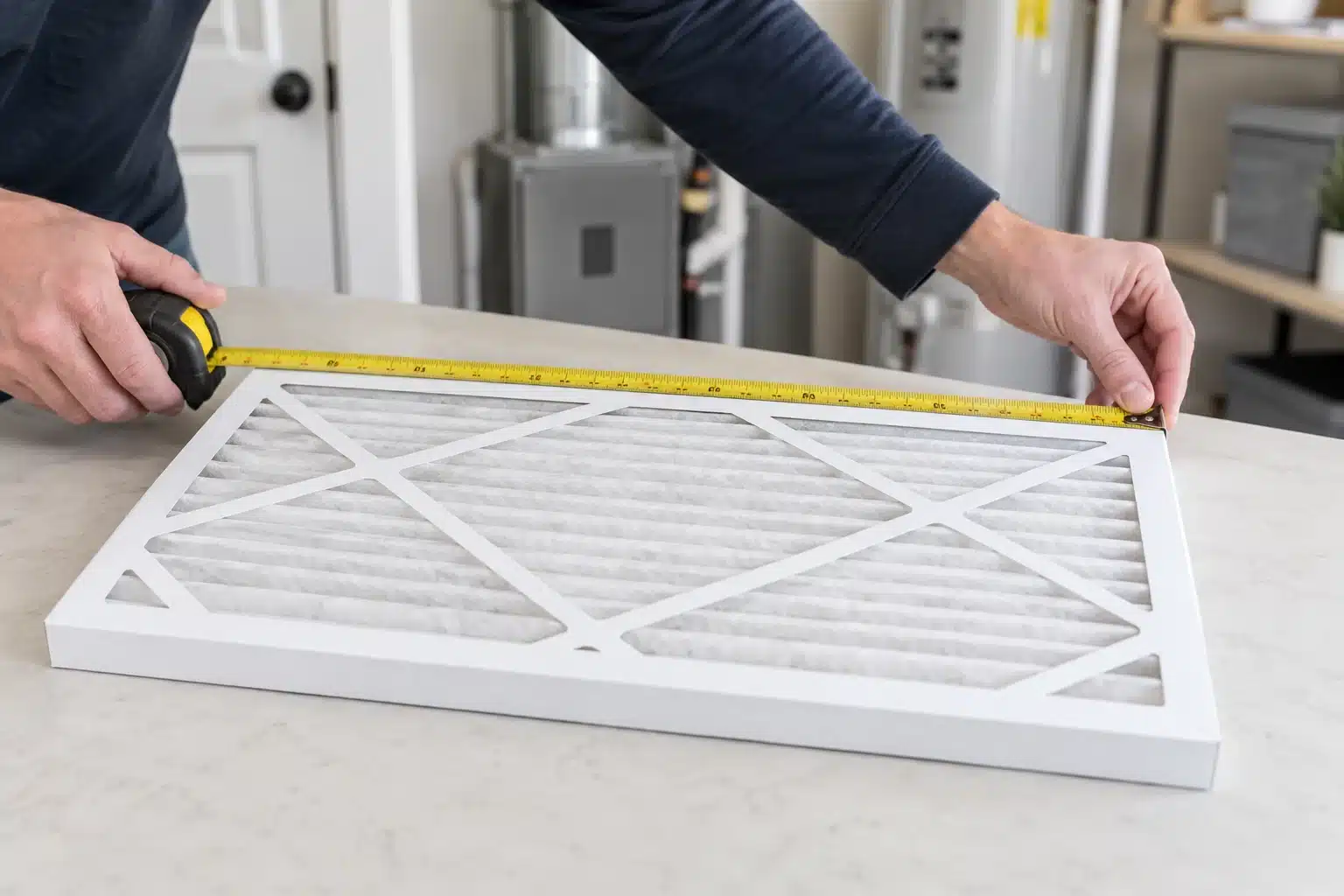 Hands measuring the long edge of a white pleated HVAC filter with a tape measure.