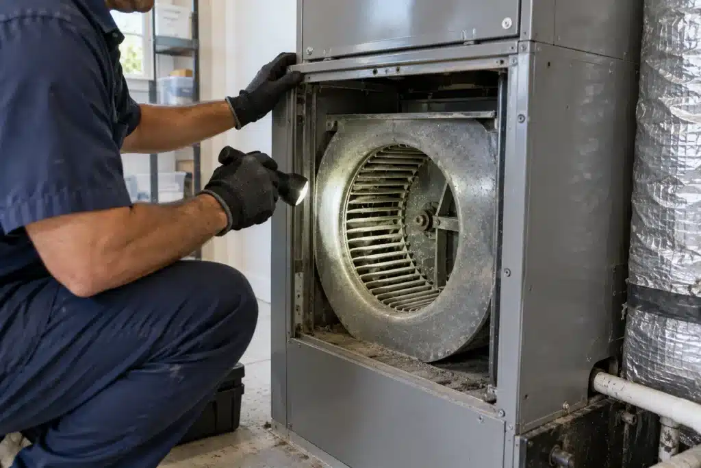 Worker using a flashlight to inspect a blower wheel inside an open air-handler cabinet.