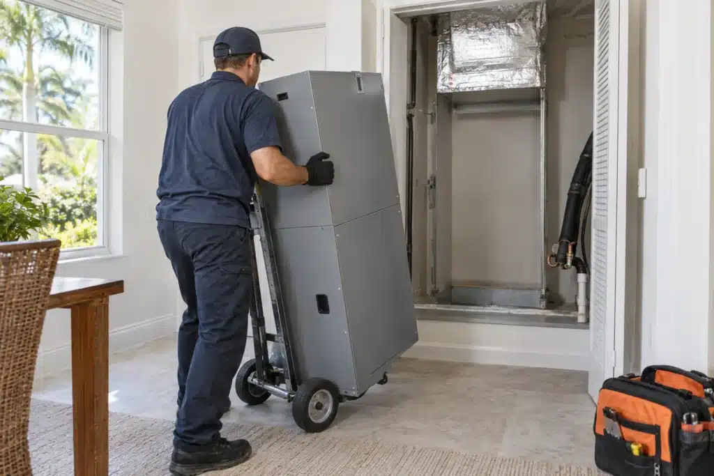 Worker moving an air handler on an appliance dolly toward an empty HVAC utility closet.