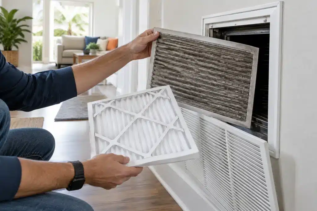 A person compares a dusty HVAC filter with a clean replacement beside a return grille.