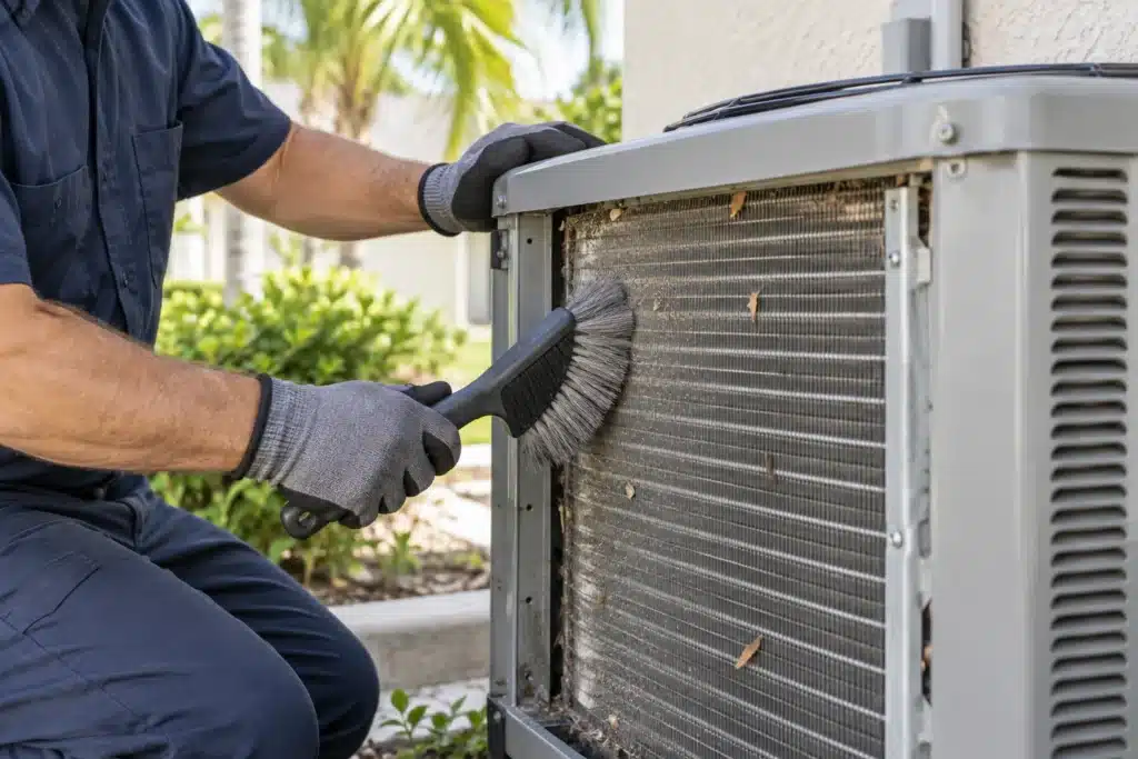 Gloved technician gently brushing debris from the exposed finned coil of an outdoor air conditioner